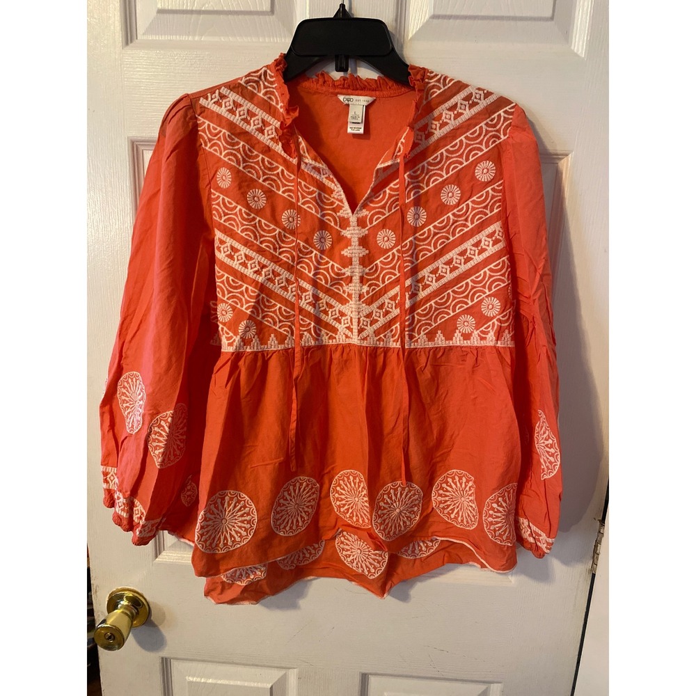 Cato Coral Orange Embroidered Boho Babydoll Blouse Top Large L Tie Neck Ruffle